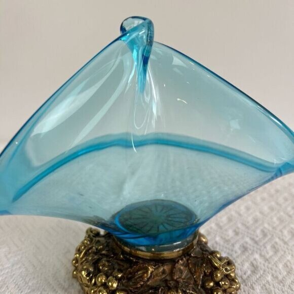 Vintage Hand Blown Blue Glass Bowl Tray Plate Centerpiece Metal Gold Base MCM - Picture 12 of 15